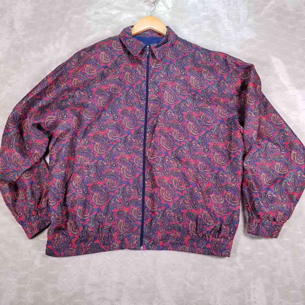 VTG Oleg Cassini Paisley Silk Full Zip Jacket Sz XL Shoulder Pads See Pics